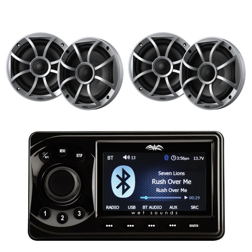 Wet Sounds WS-MC-1 4 Zone Bluetooth® Marine Media Center with 5" LCD Display with 2 Pairs Wet Sounds RECON 6-S Recon Series 6.5" 60-Watt RMS Coaxial Speakers With Silver XS Grille And Cone (Pair)