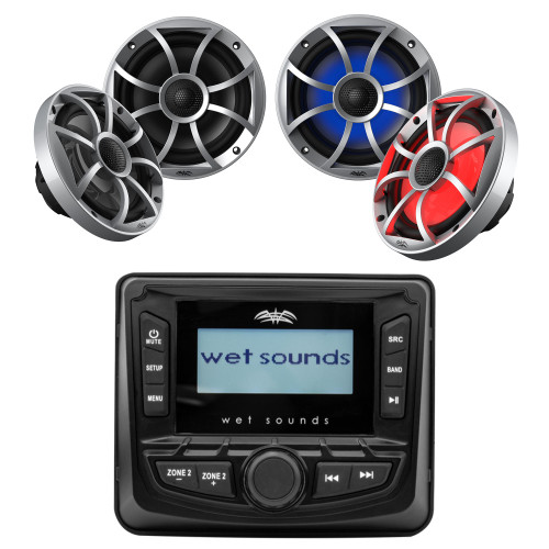 Wet Sounds WS-MC-5 3" Gauge style AM/FM Stereo with 2.7" LCD Display with 2 Pairs Wet Sounds OEM Replacement 65ic-S XS-Series Silver Cone 6.5" Coaxial Speakers Pair