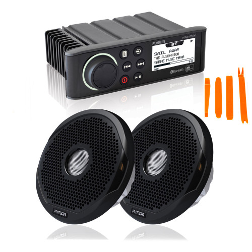 Fusion MS-RA70N Marine AM/FM/BT/NEMA2000 Stereo with 1 Pair Fusion MS-FR6022 6" Coax Classic White and Black Grille, Sport Spoke Grey Grille