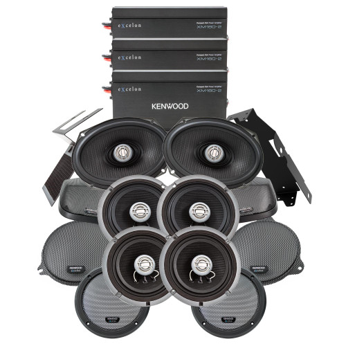 Kenwood 3 2-Channel Amplifiers with 2 Pair of 6 1/2" Speakers and 1 Pair of 6x9" Speakers and Cut-In Lid Plug and Play Kit for 2014+ Road Glide Ultra Motorcycles