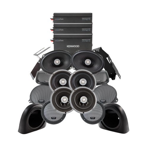 Kenwood 3 2-Channel Amplifiers with 2 Pair of 6 1/2" Speakers and 1 Pair of 6x9" Speakers with Cut-In Lid Kit and Lower Pod Plug and Play for 2014+ Road Glide Air Cooled Motorcycles