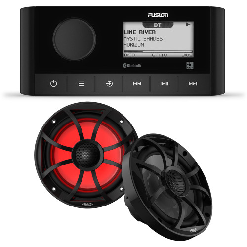 Fusion MS-RA60 Marine Stereo With 1 Pair of Wet Sounds RECON6-BG-RGB 6.5" Black Grill Marine Speakers with RGB Lighting