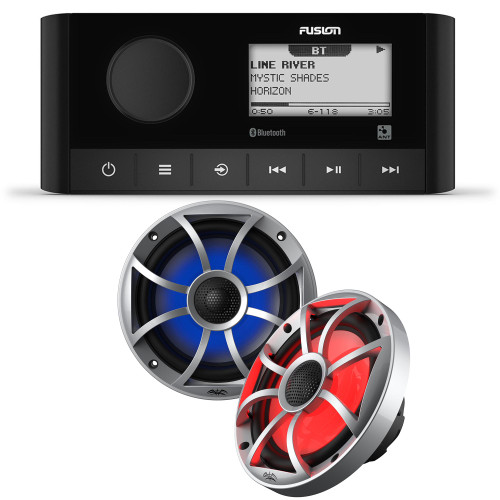 Fusion MS-RA60 Marine Stereo With 1 Pair of Wet Sounds OE-65ic-S-RGB 6.5" Silver Grill Marine Speakers with RGB Lighting