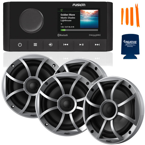 Fusion MS-RA210 Marine AM/FM/BT/NEMA2000/Sirius XM Ready Stereo with 2 Pair Wet Sounds RECON 6-S High Output 6.5" Marine Coaxial Speakers, Silver Grill