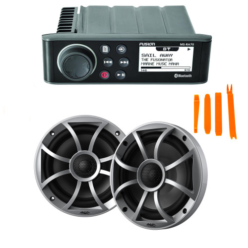 Fusion MS-RA70 Marine AM/FM/BT Stereo with 1 Pair Wet Sounds RECON 6-S High Output 6.5" Marine Coaxial Speakers, Silver Grill
