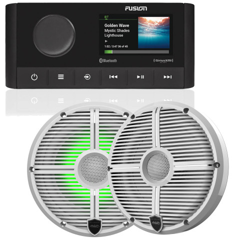 Fusion MS-RA210 Marine AM/FM/BT/NEMA2000/Sirius XM Ready Stereo with 1 Pair Wet Sounds RECON 6-XWW RGB High Output 6.5" RGB Lighting Marine Coaxial Speakers,
