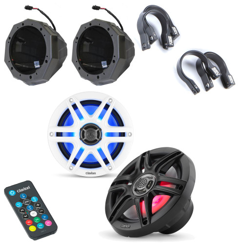 Clarion RGB LED UTV 6.5" Marine Speaker Bundle including Black & White speaker grills, SSV Works 6.5" speaker pods and 1.5" cage mounts