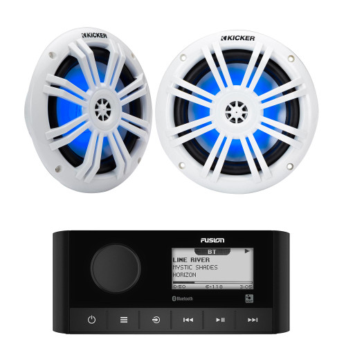 Fusion MS-RA60 Marine Stereo With Wireless Connectivity with 1 Pair 49KM604WL KM 6.5" 4Ω Blue Lighted LED Marine Coaxial Speakers - Pair