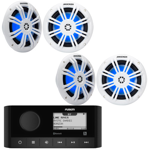 Fusion MS-RA60 Marine Stereo With Wireless Connectivity with 2 Pairs 49KM604WL KM 6.5" 4Ω Blue Lighted LED Marine Coaxial Speakers - Pair