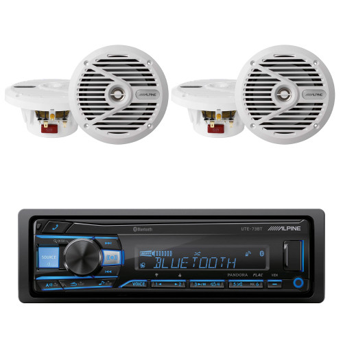 Alpine UTE-73BT Advanced Bluetooth® Multimedia Receiver & (2) SPS-M601W 6.5” Coaxial 2-Way Marine Speaker with White Grilles