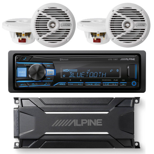 Alpine UTE-73BT Bluetooth® Rec. w/ KTA-30FW 4 Ch Amp & (2) SPS-M601W 6.5” Coaxial 2-Way Marine Speaker with White Grilles