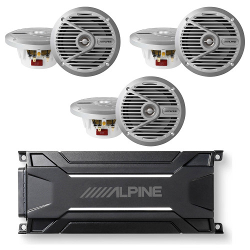 Alpine KTA-30FW 4-Channel Weather Resistant Tough Power Pack Amplifier & (3) SPS-M601 6.5” Coaxial 2-Way Marine Speaker with Silver Grilles