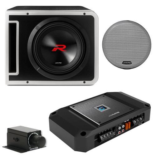 Alpine R2-SB10V 10-inch R-Series Halo Preloaded Sub Enclosure with ProLink™ w/ R2-A75M Amp, Rux Knob & Grill Bundle