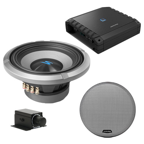 Alpine S2-A60M S-Series Class-D Amp, S2-W10D4 10" S-Series Dual 4-Ohm Car Sub & Grill w/ RUX bundle