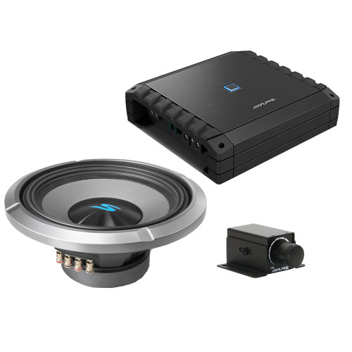 Alpine S2-A60M S-Series Class-D Amp w/ S2-W12D4 12" S-Series Dual 4-Ohm Car Subwoofer & Rux Knob