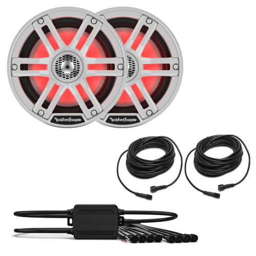 Rockford Fosgate 1 Pair M2-8 M2 Series 8" Marine White & Stainless Grilles Included + (1) PMX-RGB Optix LIght Controller + (2) RGB-25 25' Extension Cable