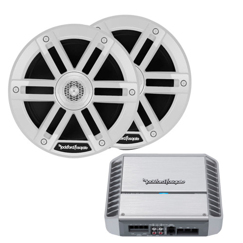 Rockford Fosgate PM300X2 2 Channel Marine Amplifier with 1 Pair M0-65 6.5” Marine 2-Way System - White Grilles Included