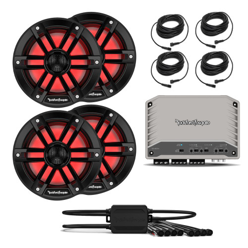 Rockford Fosgate M2-300X4 4 Channel Marine Amplifier with 2 Pairs M1-65B M1 Series 6.5" Marine Black + (1) PMX-RGB Optix LIght Controller + (4) RGB-25 25' Extension Cable