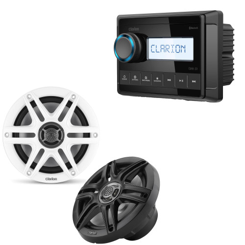 Clarion CMM-20 Marine Source Unit with LCD Display with CMS-651-SWB 6.5-inch Marine Coaxial Speakers, Sport Grilles