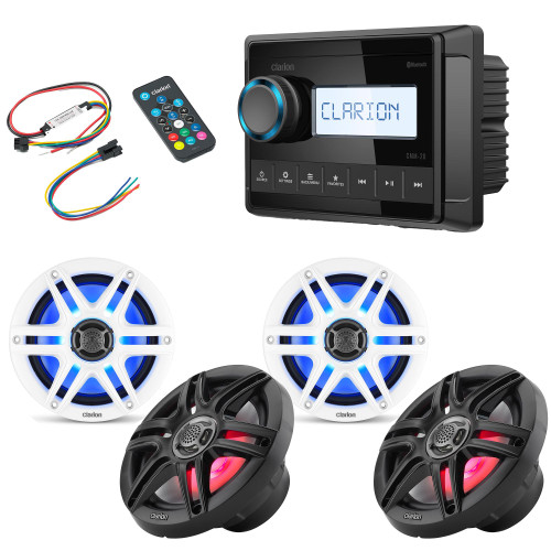 Clarion CMM-20 Marine Source Unit with LCD Display with (2) CMS-651RGB-SWB 6.5-inch LED RGB Marine Coaxial Speakers, Sport Grilles Includes Lighting Remote
