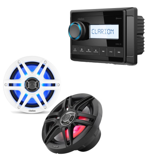 Clarion CMM-20 Marine Source Unit with LCD Display with CMS-651RGB-SWB 6.5-inch LED RGB Marine Coaxial Speakers, Sport Grilles