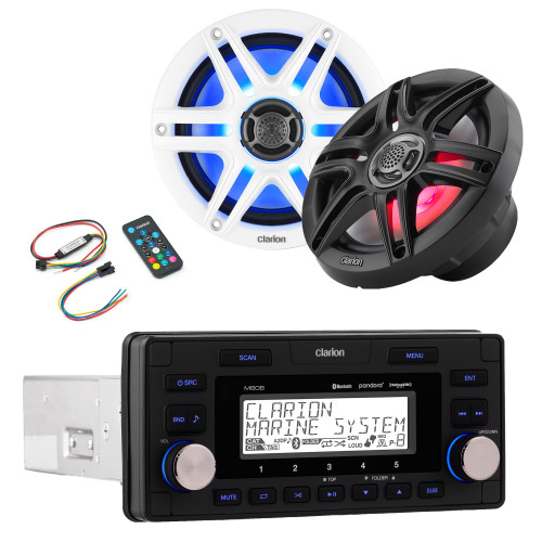 Clarion M608 Marine Receiver with CMS-651RGB-SWB 6.5-inch LED RGB Marine Coaxial Speakers, Sport Grilles Includes Lighting Remote