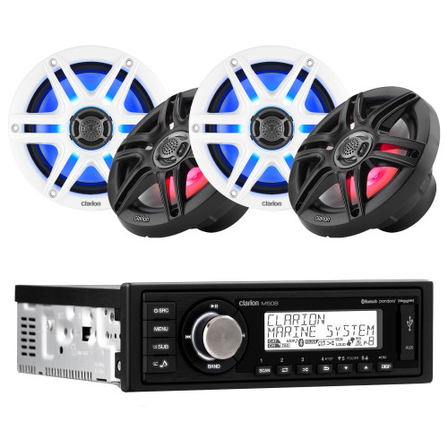 Clarion M508 Marine Single Din with (2) CMS-651RGB-SWB 6.5-inch LED RGB Marine Coaxial Speakers, Sport Grilles