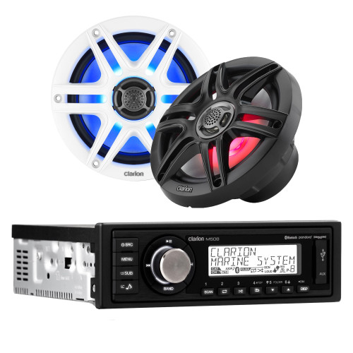 Clarion M508 Marine Single Din with CMS-651RGB-SWB 6.5-inch LED RGB Marine Coaxial Speakers, Sport Grilles