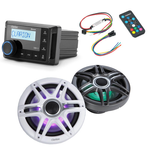 Clarion CMM-10 Marine Source Unit with CMSP-771RGB-SWG 7.7-inch Premium Marine Coaxial Speakers, Sport Grilles RGB LED & Lighting Remote