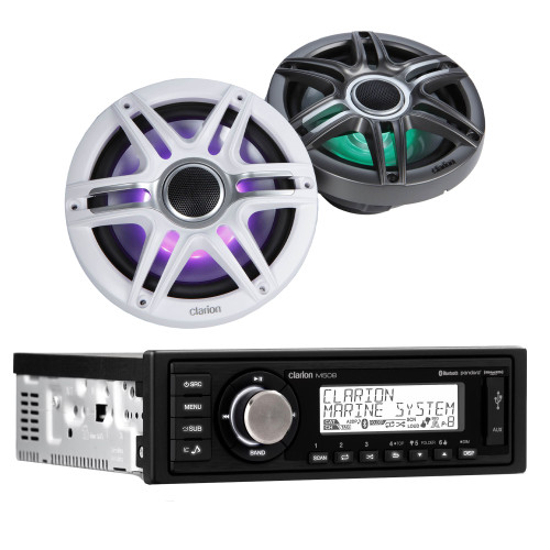 Clarion M508 Marine Single Din with CMSP-771RGB-SWG 7.7-inch Premium Marine Coaxial Speakers, Sport Grilles RGB LED Lighting