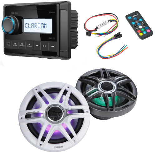 Clarion CMM-20 Marine Source Unit with LCD Display with CMSP-771RGB-SWG 7.7-inch Premium Marine Coaxial Speakers, Sport Grilles RGB LED & Lighting Remote