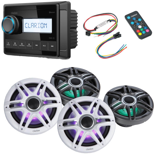 Clarion CMM-20 Marine Source Unit with LCD Display with (2) CMSP-771RGB-SWG 7.7-inch Premium Marine Coaxial Speakers, Sport Grilles RGB LED & Lighting Remote