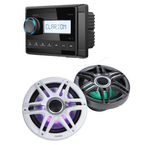 Clarion CMM-20 Marine Source Unit with LCD Display with CMSP-771RGB-SWG 7.7-inch Premium Marine Coaxial Speakers, Sport Grilles RGB LED Lighting