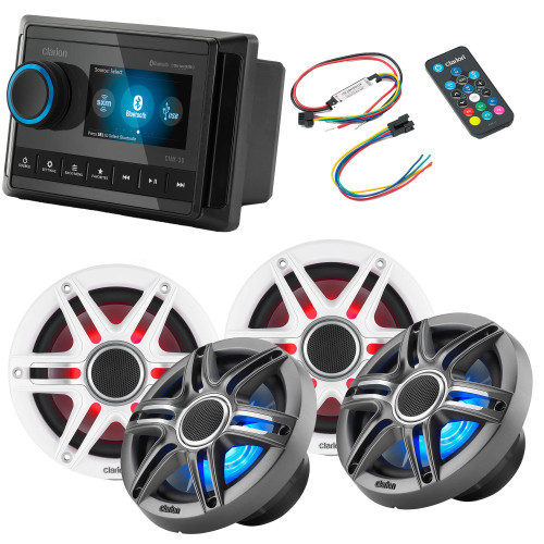 Clarion CMM-30 Marine Source Unit Color LCD Display with (2) CMSP-651RGB-SWG 6.5-inch Premium Marine Coaxial Speakers, Sport Grilles RGB LED & Lighting Remote