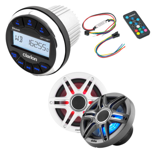 Clarion GR10BT Digital Media Receiver (Gauge Style) with CMSP-651RGB-SWG 6.5-inch Premium Marine Coaxial Speakers, Sport Grilles RGB LED & Lighting Remote