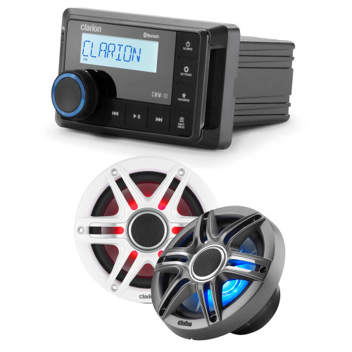 Clarion CMM-10 Marine Source Unit with CMSP-651RGB-SWG 6.5-inch Premium Marine Coaxial Speakers, Sport Grilles with RGB LED Lighting