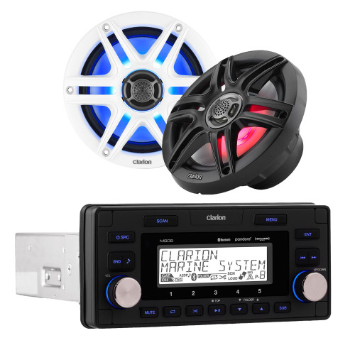 Clarion M608 Marine Receiver with CMS-651RGB-SWB 6.5-inch LED RGB Marine Coaxial Speakers, Sport Grilles