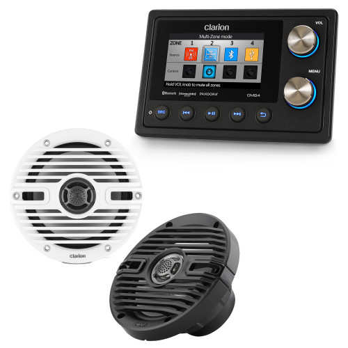 Clarion CMS4 Black Box Digital Media Receiver with CMS-651-CWB 6.5-inch Marine Coaxial Speakers, Classic Grilles