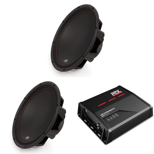 MTX JH5001 Jackhammer Series 500W x 1 @ 1-Ohm Class D Mono Block Amplifier, and (2) MTX 3512-04 35-Series 12" 250W RMS 4-Ohm Subwoofer