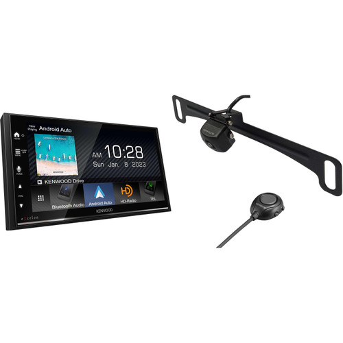 Kenwood DMX709S MultiMedia Receiver with CMOS-320LP Multi-Angle Rear View Camera with License Plate Mounting