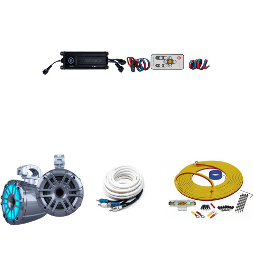 Memphis Audio LED Tower Speakers with MXA62TG 6.5 Compression Speakers in gray and a with MX400.4 4-Channel Marine amplifier and Wire Kit