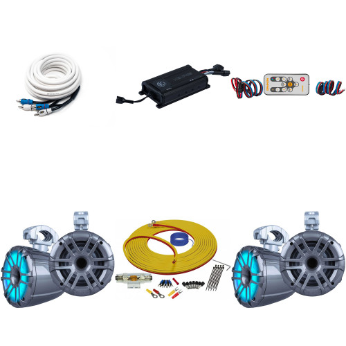 Memphis Audio LED Tower Speakers with 2 pairs of MXA62TG 6.5 Compression Speakers in gray and a MX800.4 4-Channel Marine amplifier and Wire Kit