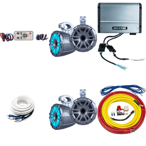 Memphis Audio 2 Pairs of LED Tower Speakers with MXA62TG 6.5 Compression Speakers in gray, MM500.4V 4-Channel Marine amplifier, and wire kit