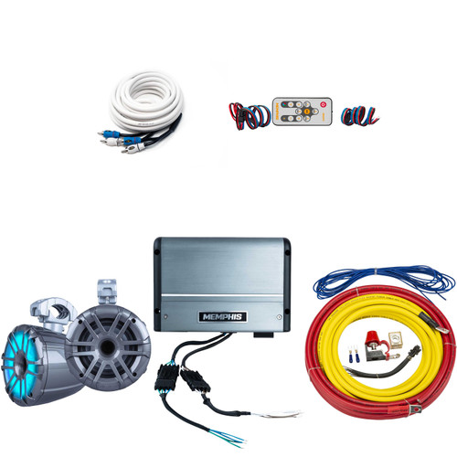 Memphis Audio LED Tower Speakers with MXA62TG 6.5 Compression Speakers in gray, MM500.4V 4-Channel Marine amplifier, and wire kit