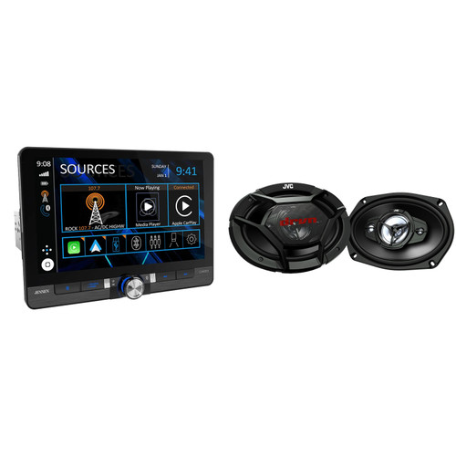 Jensen CAR813 8" Touch Screen Digital Multimedia Receiver Wireless or Wired Apple CarPlay and Android Auto Compatible with 1 Pair JVC CS-DR6941 550W Peak (90W RMS) 6x9 4-Way Factory Upgrade Coaxial Speakers