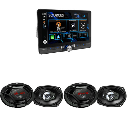Jensen CAR813 8" Touch Screen Digital Multimedia Receiver Wireless or Wired Apple CarPlay and Android Auto Compatible with 2 Pairs JVC CS-DR6941 550W Peak (90W RMS) 6x9 4-Way Factory Upgrade Coaxial Speakers