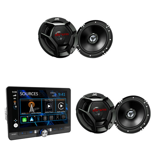 Jensen CAR813 8" Touch Screen Digital Multimedia Receiver Wireless or Wired Apple CarPlay and Android Auto Compatible with 2 Pairs JVC CS-DR621 6-1/2" 2-Way Coaxial Speakers / 300W Max Power