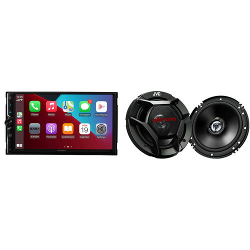Jensen CAR723W 7" Touch Screen Digital Multimedia Receiver Wireless or Wired Apple CarPlay and Android Auto Compatible with 1 Pair JVC CS-DR621 6-1/2" 2-Way Coaxial Speakers / 300W Max Power