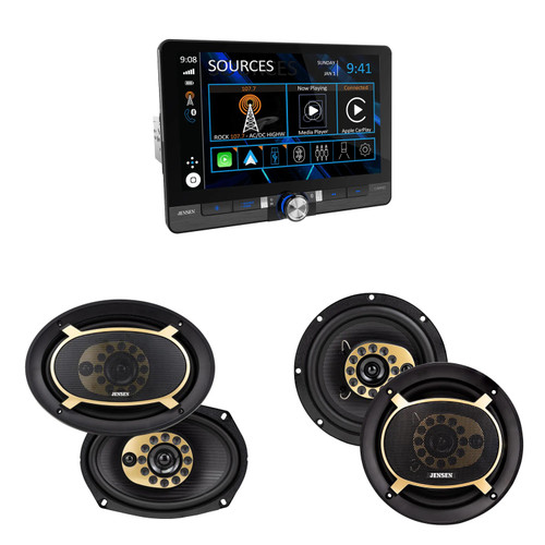 Jensen CAR813 8" Touch Screen Digital Multimedia Receiver Wireless or Wired Apple CarPlay and Android Auto Compatible with Jensen 1 Pair JS65T 6.5" and 1 Pair JS69T 3-Way Triaxial Speakers