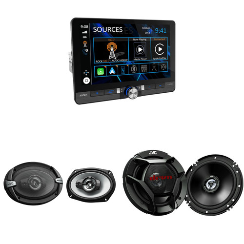 Jensen CAR813 8" Touch Screen Digital Multimedia Receiver Wireless or Wired Apple CarPlay and Android Auto Compatible with 1 Pair JVC CS-DR621 6-1/2" 2-Way Coaxial Speakers and 1 Pair JVC CS-DR693 6x9 Inch Coaxial Speakers